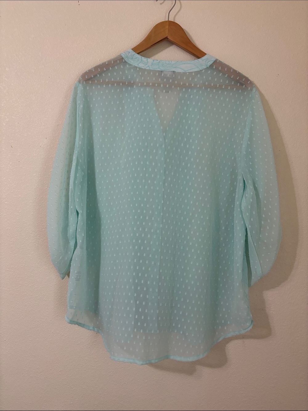 Chico's Mint Blue Aqua Pintuck  Sheer Blouse Embroidery Swiss Dot Size 3 (XL/16) - Picture 4 of 14